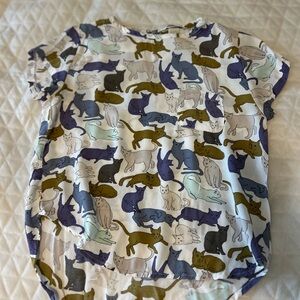H&M White Short Sleeve Blouse with Multicolor Cat Print